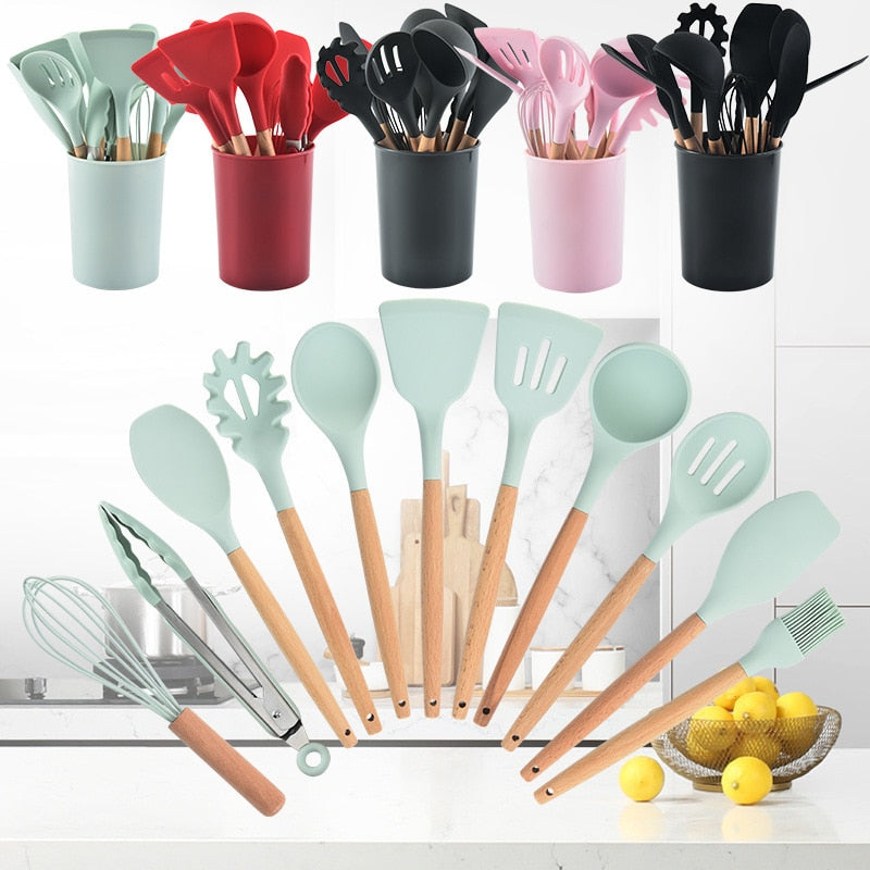 Utensílios de Cozinha em Silicone Madeira 12 Peças